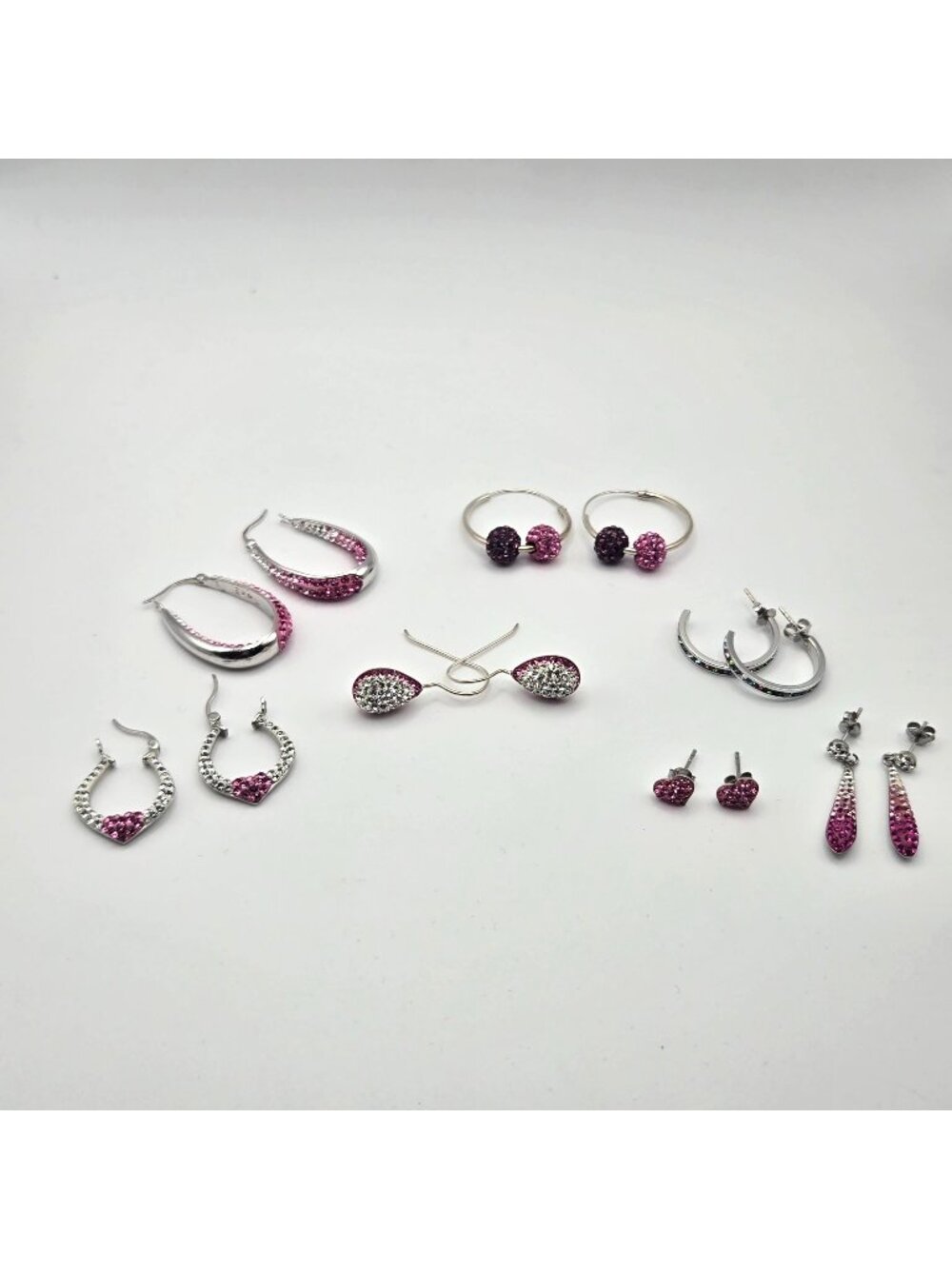 Vintage Y2K Lot of 7 Pink Silver Crystal Earrings Studs Drops Hoops Heart Design